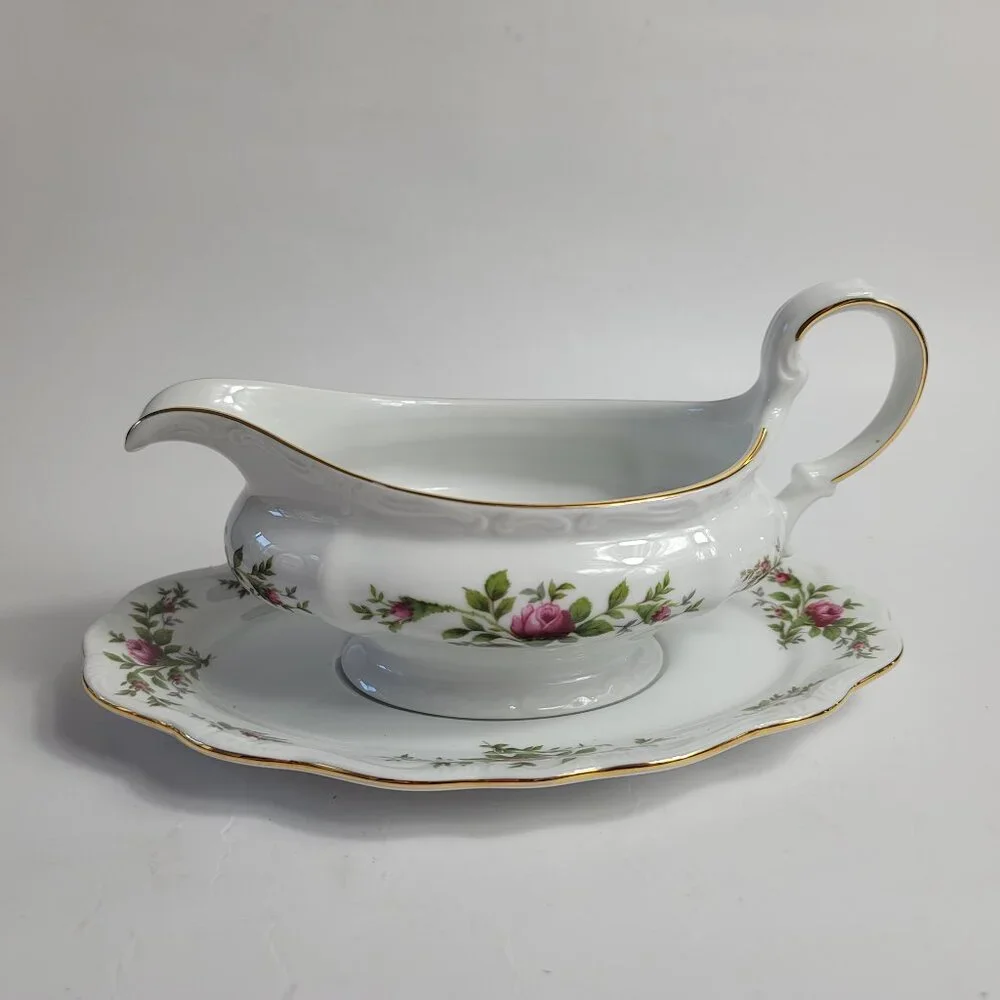 Traditions China Johann Haviland Moss Rose Gravy Boat & Underplate Pink Roses
